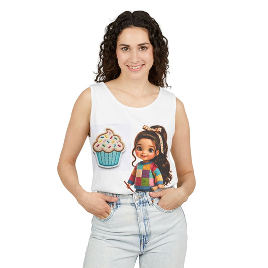 Cute Cartoon Girl & Cupcake Tank Top — Whimsical Kidcore Mushroom Graphic Tank