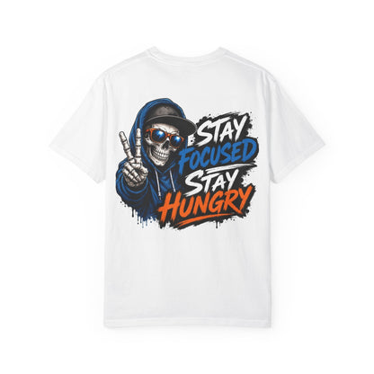 Skull Peace Sign T-Shirt — "Stay Focused Stay Hungry" Graphic Tee
