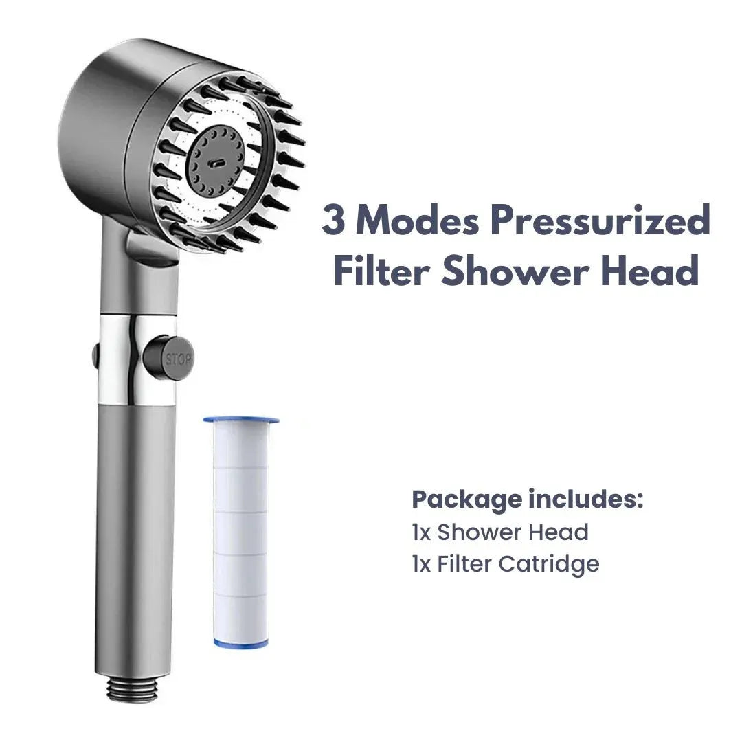 3 Modes Pressurized Filter Shower Head with packaging on a white background