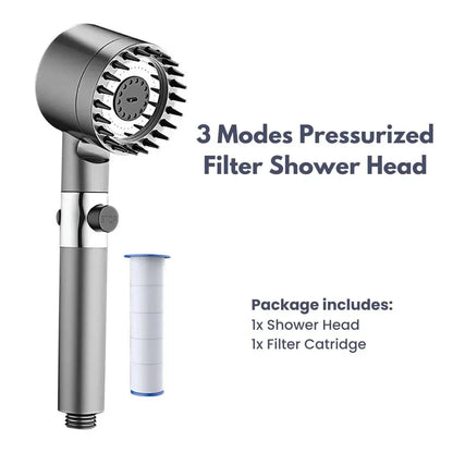 3 Modes Pressurized Filter Shower Head with packaging on a white background