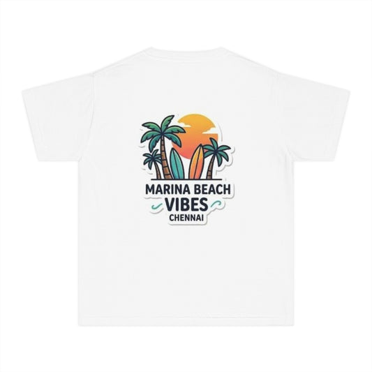 Marina Beach Vibes Youth T-Shirt | Chennai Sunset Palm Tree Surf Graphic Tee | Coastal Beach Vacation Shirt