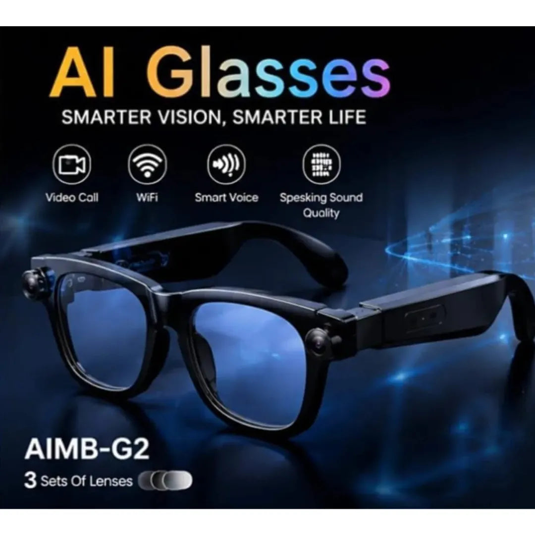 Black AI smart glasses with blue-tinted lenses, shown on a dark blue tech-themed background with text highlighting features like video call, WiFi, smart voice, and speaking sound quality.