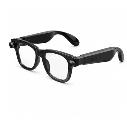 Black smart glasses with clear lenses and small camera lenses on the sides, shown on a plain white background.
