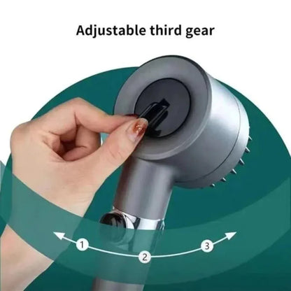 Hand adjusting a shower head with an adjustable third gear labeled on a green background
