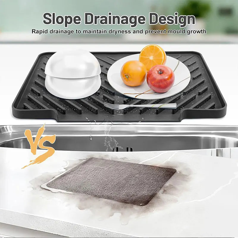 Silicone Dish Drying Mat — Fast-Drain Ribbed Kitchen Counter Mat