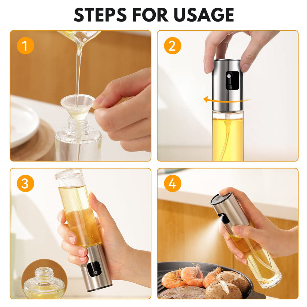 Pack of 2 (100ml) Stainless Steel Oil Spray Bottle — Refillable Cooking Oil Dispenser