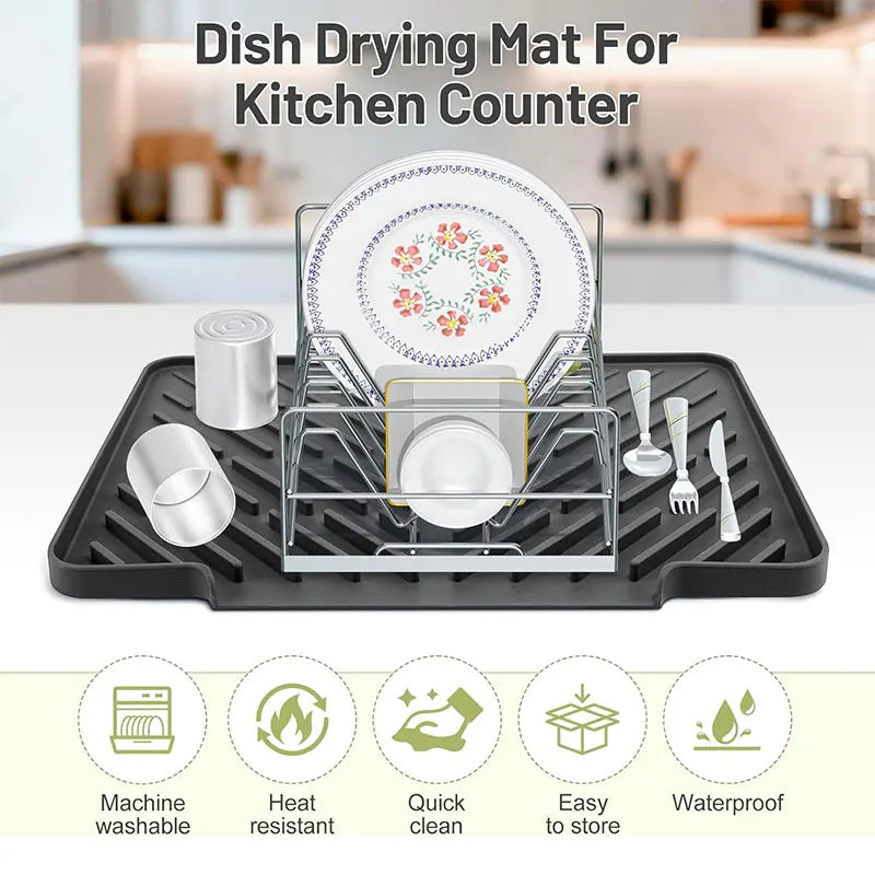 Silicone Dish Drying Mat — Fast-Drain Ribbed Kitchen Counter Mat