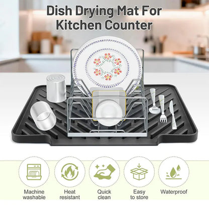 Silicone Dish Drying Mat — Fast-Drain Ribbed Kitchen Counter Mat
