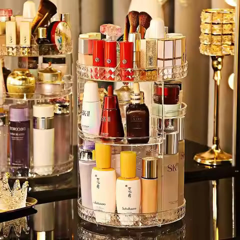 Rotating Cosmetic Organizer — Diamond Pattern Makeup Storage Stand