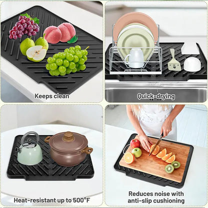 Silicone Dish Drying Mat — Fast-Drain Ribbed Kitchen Counter Mat