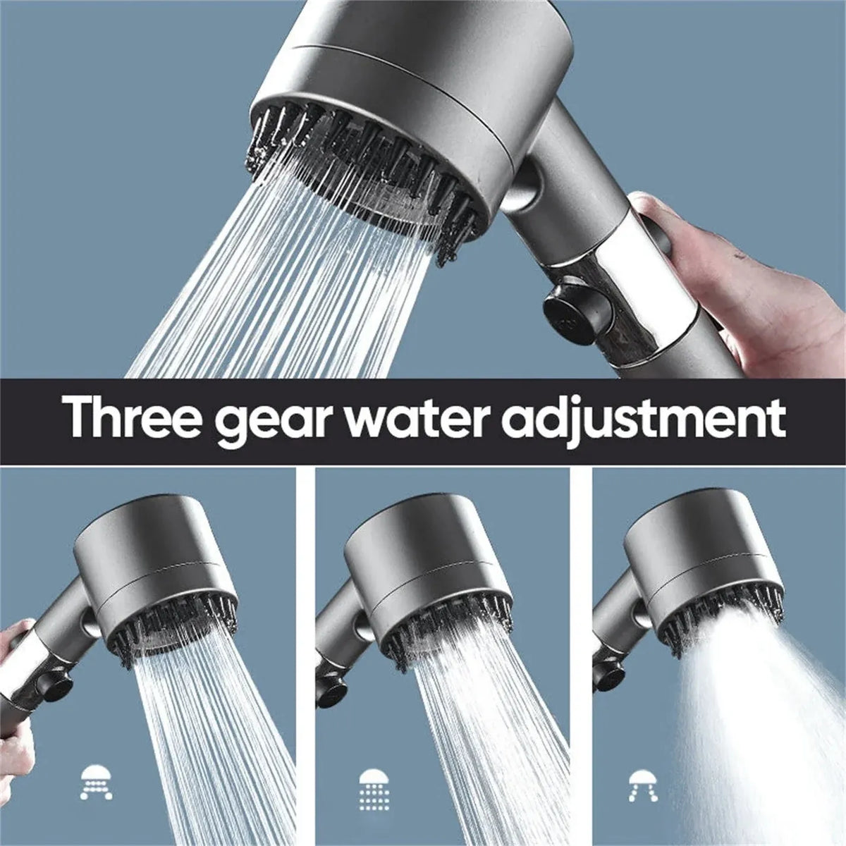 Shower head with three gear water adjustment settings on a blue background