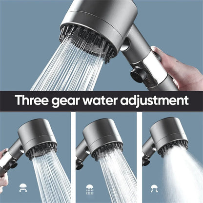 Shower head with three gear water adjustment settings on a blue background