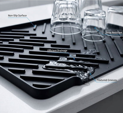 Silicone Dish Drying Mat — Fast-Drain Ribbed Kitchen Counter Mat