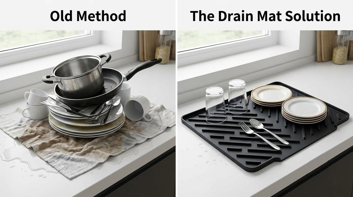 Silicone Dish Drying Mat — Fast-Drain Ribbed Kitchen Counter Mat