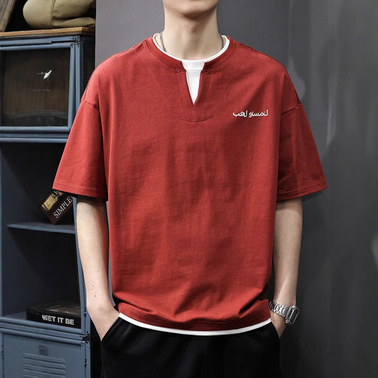 Men's Faux Two Piece V Neck Shirt, Short Sleeve Loose Fit Top, Casual Layered Tee, Lightweight Summer Fashion, Streetwear T Shirt for Men