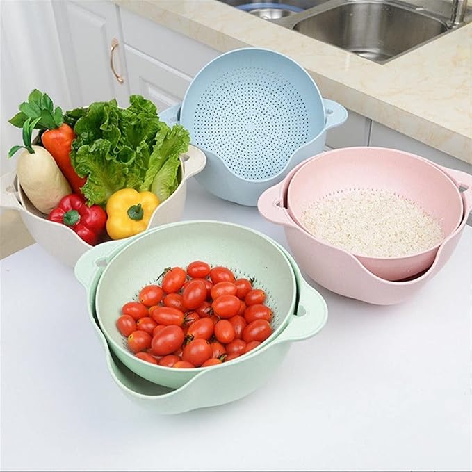 Double-Layer Draining Bowl Basket — Strainer & Wash Bowl for Vegetables, Fruits & Rice