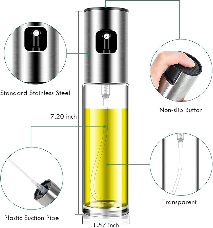 Pack of 2 (100ml) Stainless Steel Oil Spray Bottle — Refillable Cooking Oil Dispenser