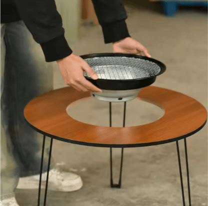 Round BBQ Fire Pit Grill Table — Outdoor Dining Fire Bowl Table for Garden & Desert Gatherings